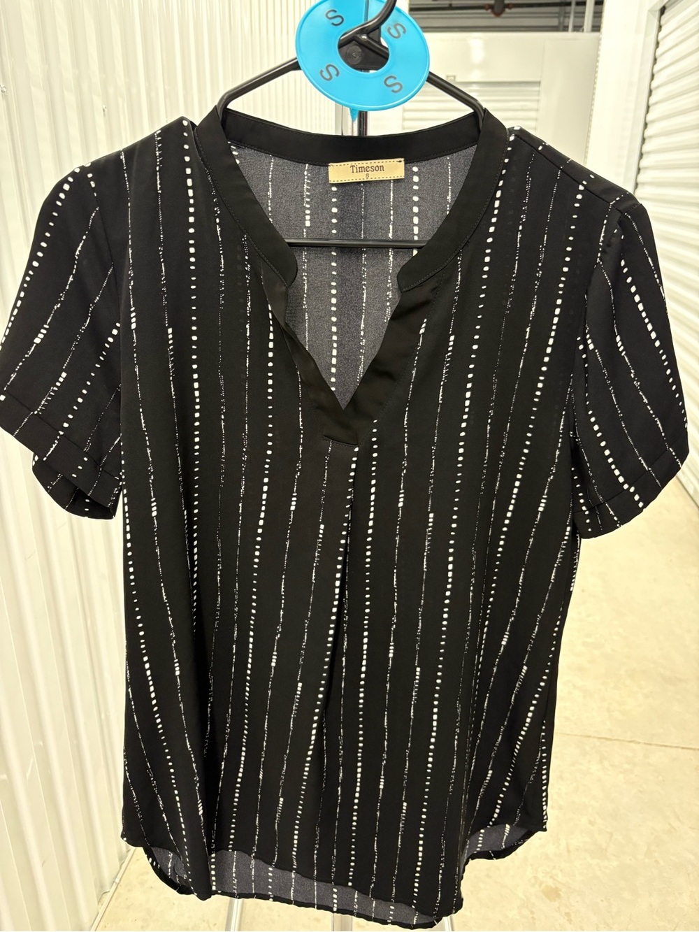 Black V-Neck Short Sleeve Top with White Pinstripe